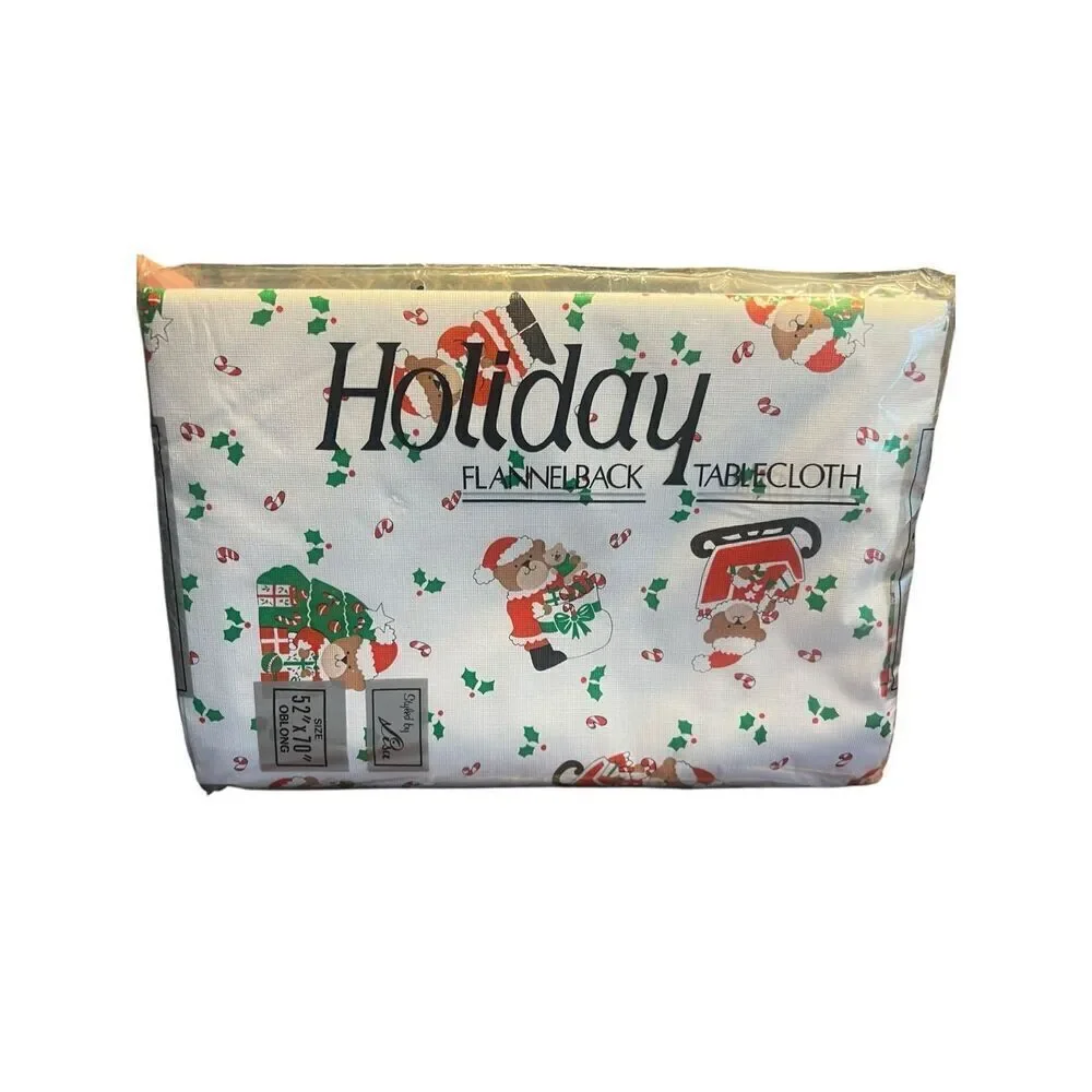 Vintage Christmas Santa Bear Holiday Flannel Back Tablecloth Oblong 52